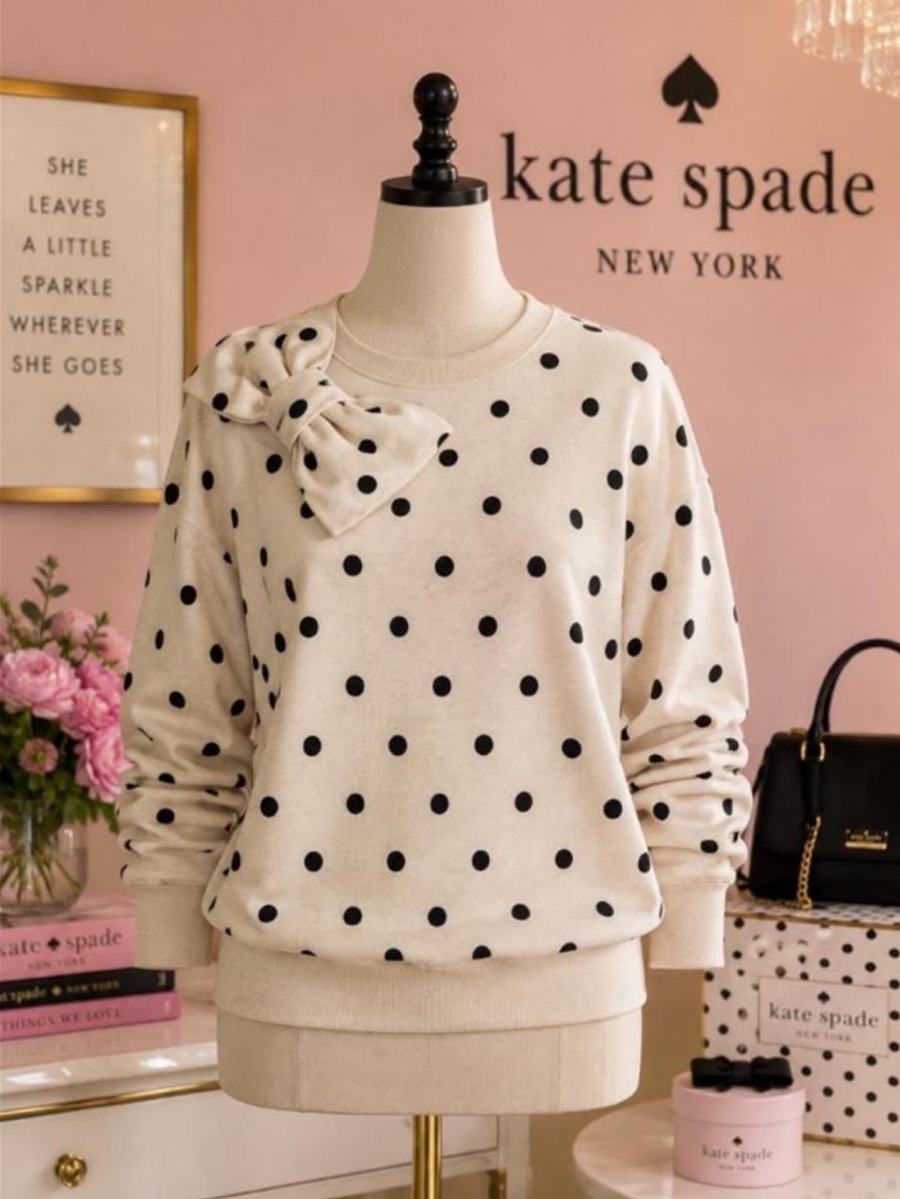 kate spade Cream Polka Dot Sweatshirt with Shoulder Bow